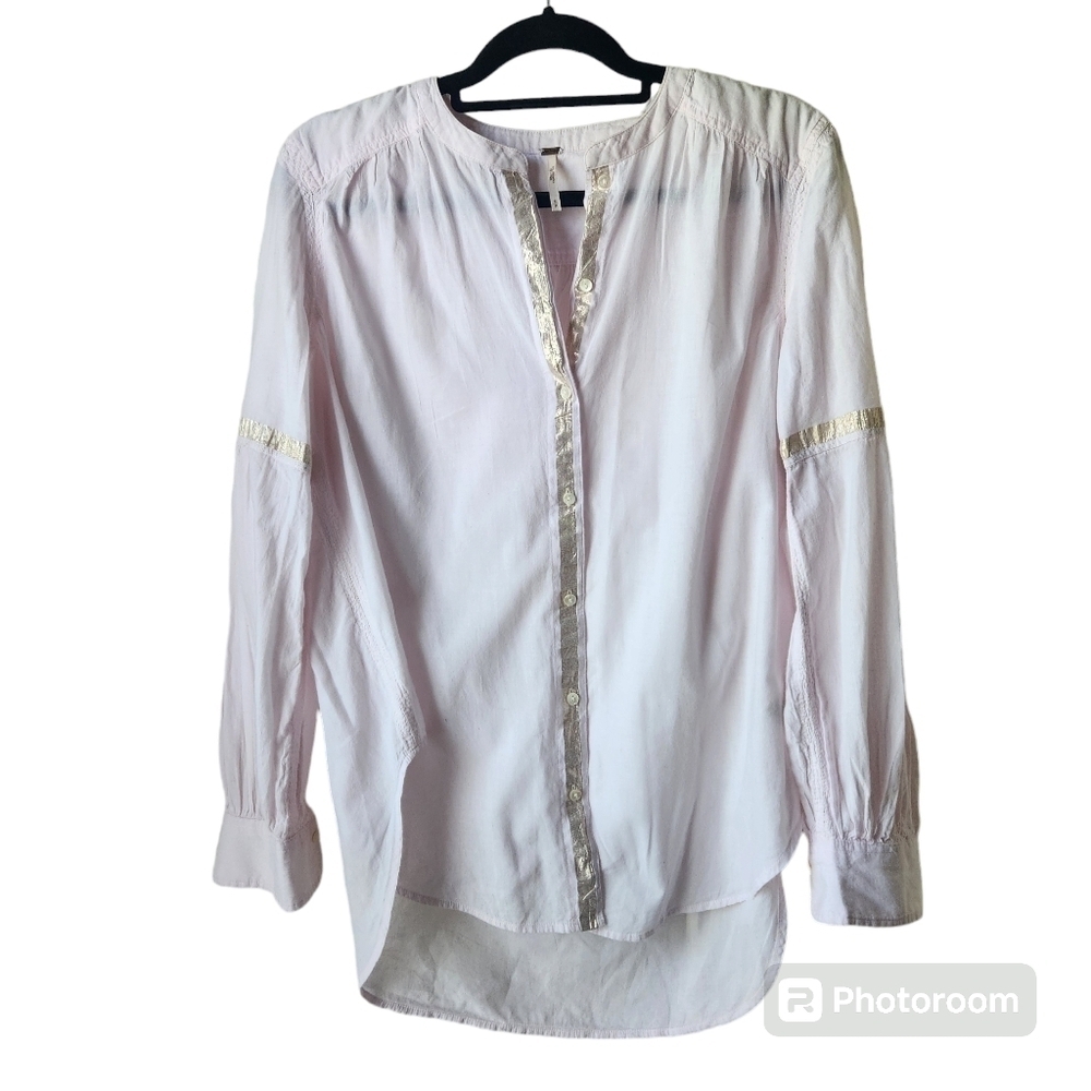 Free People Shimmers and Stripes Cotton Pink Button Down Long Sleeve Shirt Sz. S